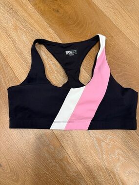 Beach Riot Black Sports Bra with Pink & White Diagonal Stripe
